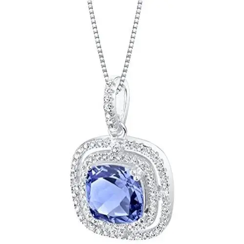 Peora Simulated Tanzanite Pendant Necklace for Women in Sterling Silver, 4 Carats total Cushion Cut, 9mm, Double Halo with 18 inch Chain