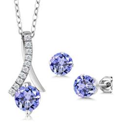 Gem Stone King 925 Sterling Silver Blue Tanzanite Pendant and Earrings Set For Women (1.97 Cttw Round with 18 Inch Silver Chain)