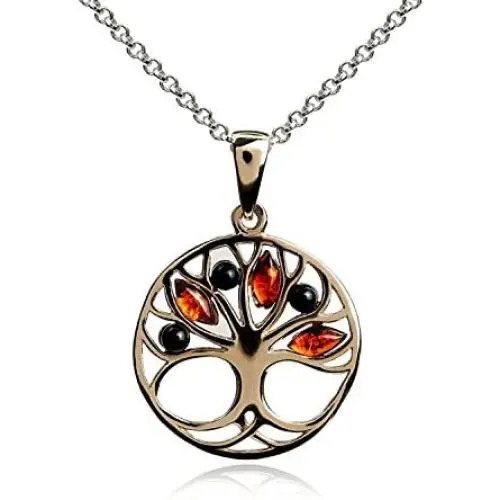 Multicolor Amber Sterling Silver Gold Plated Tree Pendant Necklace Chain 18''