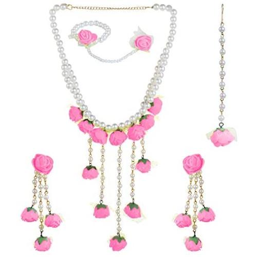 YouBella Jewellery Bollywood Ethnic Bridal Wedding Traditional Floral Gota Patti Indian Necklace Set, Earrings, Bracelet and Maang Tiika for Women Haldi and Mehendi Occassion (Pink)
