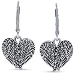 Puff Heart Shaped Guardian Angel Wings Feather Leverback Dangle Earrings For Women Oxidized 925 Sterling Silver