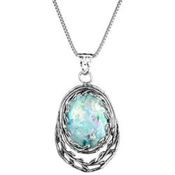 PZ Paz Creations 925 Sterling Silver Necklace For Women Girls | Roman Glass Oval-Shapped Leaf Design Pendant with 18'' Box Chain | Made In Israel