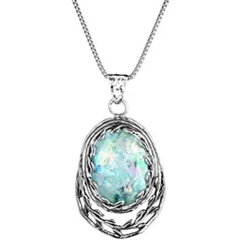 PZ Paz Creations 925 Sterling Silver Necklace For Women Girls | Roman Glass Oval-Shapped Leaf Design Pendant with 18'' Box Chain | Made In Israel