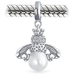 Garden Insect White Simulated Pearl Queen Bumble Bee Dangle Charm Bead For Mother .925 Sterling Silver Fit European Bracelet