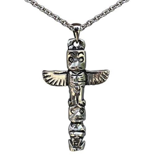 Native American Alaskan Indian Tribal Jewelry Totem Pole Tiki Maori Hawaiian Polynesian African protection amulet Pewter Mens Pendant Necklace Travel Wealth Money Lucky Charm w Stainless Steel Chain