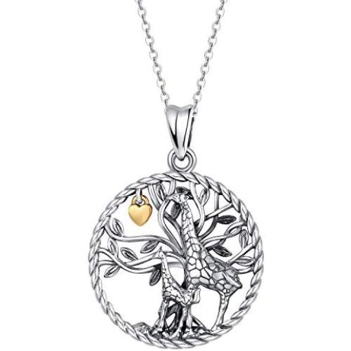 Waysles Giraffe Necklace S925 Sterling Silver Tree of Life Necklace with Love Heart/Giraffe Animal Head Necklace Cute Animal Giraffe Jewelry Gifts for Women Mom