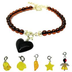 Amberito Baltic Amber Bracelet for Women Adjustable Size 6.7 to 7.5 inches Amber Charm Heart, Rose, Angel, Tulip, Star, Wing Pendant with Cherry Beads