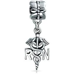 Nurse Nursing RN Registered Caduceus Cross Shape Dangle Charm Bead For Women Graduate Enamel .925 Sterling Silver Fits European Bracelet