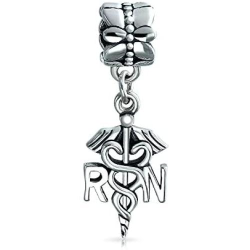 Nurse Nursing RN Registered Caduceus Cross Shape Dangle Charm Bead For Women Graduate Enamel .925 Sterling Silver Fits European Bracelet