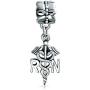 Nurse Nursing RN Registered Caduceus Cross Shape Dangle Charm Bead For Women Graduate Enamel .925 Sterling Silver Fits European Bracelet