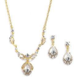 Mariell 14K Gold Plated Vintage Crystal Necklace & Earrings Jewelry Set for Prom, Bridal and Bridesmaids