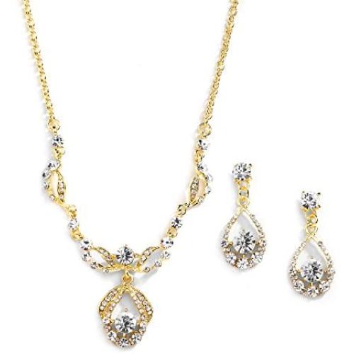 Mariell 14K Gold Plated Vintage Crystal Necklace & Earrings Jewelry Set for Prom, Bridal and Bridesmaids