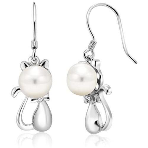 Gem Stone King Beautifully 7mm Cultured Freshwater Pearl 925 Sterling Silver Kitty Earrings