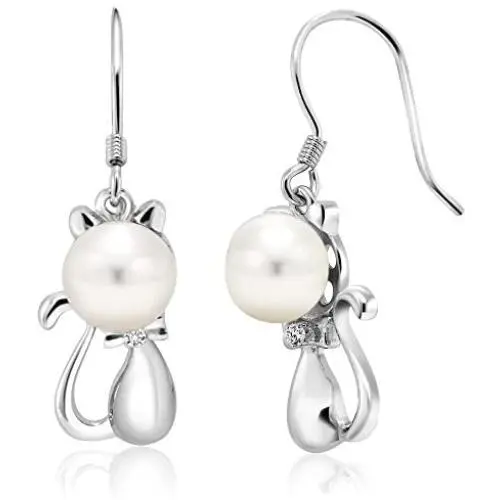Gem Stone King Beautifully 7mm Cultured Freshwater Pearl 925 Sterling Silver Kitty Earrings