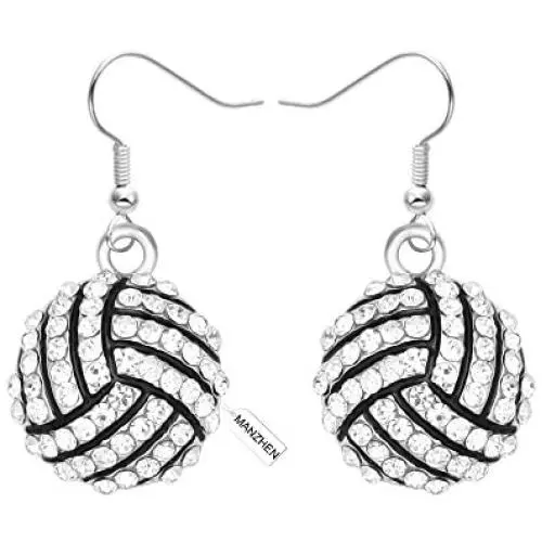 MANZHEN Silver Clear Crystal Volleyball Dangle Earrings Fashion Sports Ball Earring Jewelry