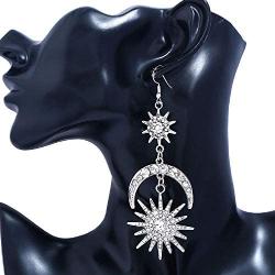KaFu Exaggerated Luxury Sun Moon Stars Drop Earrings Rhinestone Punk Earrings for Women Jewelry Golden Boho Vintage Statement Earrings