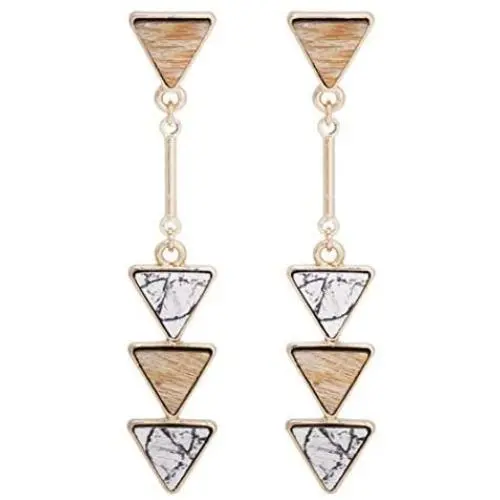 BONALUNA Bohemian Wood And Marble Effect Triangle Drop Statement Earrings
