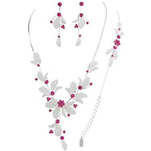 Rosemarie Collections Womens 3 Piece Rhinestone And Metal Mesh Floral Statement Necklace Bracelet Earring Set
