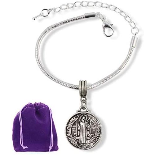 St Benedict Bracelet | Medal San Benito Religious Jewelry Bracelet for Women Silver Plated Chain Charm Gifts Catholic for Women Men