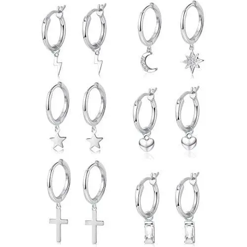 ORAZIO 6 Pairs Hoop Dangle Earrings Set for Men Women Heart Crystal Star Moon Heart Asymmetrical Huggie Drop Dangle Earrings Stainless Steel Earrings Fashion Jewerly