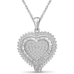 JEWELEXCESS Sterling Silver (.925) Heart Necklace with 1.00 Carat White Diamonds | Jewelry Pendant Necklaces for Women with Round & Baguette White Diamonds & 18 inch Rope Chain with Spring Clasp