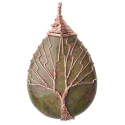 ZHEPIN Vintage Tree of Life Wire Wrapped Copper Teardrop Natural Gemstones Pendant Necklace,with Gift Box