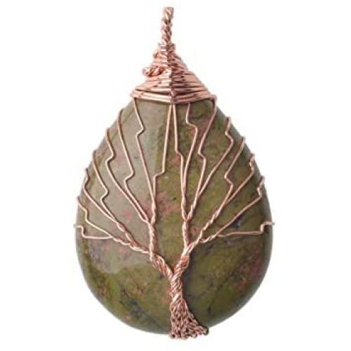 ZHEPIN Vintage Tree of Life Wire Wrapped Copper Teardrop Natural Gemstones Pendant Necklace,with Gift Box