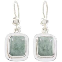NOVICA Green Jade and .925 Sterling Silver Rectangular Dangle Earrings, Modern Maya