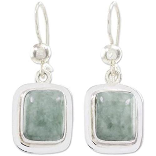 NOVICA Green Jade and .925 Sterling Silver Rectangular Dangle Earrings, Modern Maya