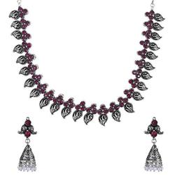 Efulgenz Boho Vintage Antique Ethnic Gypsy Indian Oxidized Silver Crystal Cubic Zirconia Bridal Necklace Earrings Jewelry Set
