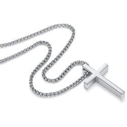 Reve Simple Stainless Steel Silver Tone Cross Pendant Chain Necklace for Men Women, 20-22 Inches