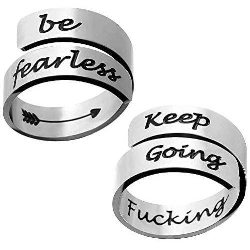 BFJLIFE Inspirational Rings for Women Keep Funcking Going Be Fearless Adjustable Statement Stainless Steel Spiral Wrap Twist Ring Encouragement Personalized Jewelry Gifts for Men Girls