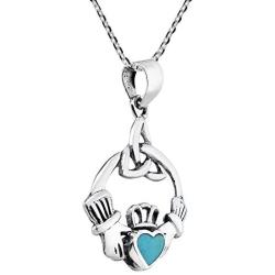 AeraVida Heart Simulated Turquoise Celtic Claddagh .925 Sterling Silver Pendant Necklace