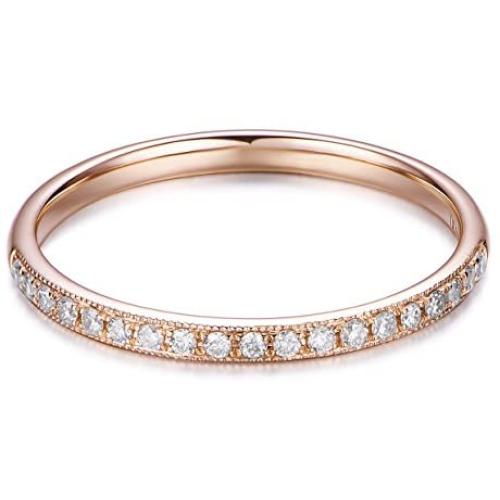 HAFEEZ CENTER 14K Solid Gold Petite Micropave Milgrain Eternity Ring Moissanite Wedding Band Ring for Women and Girls