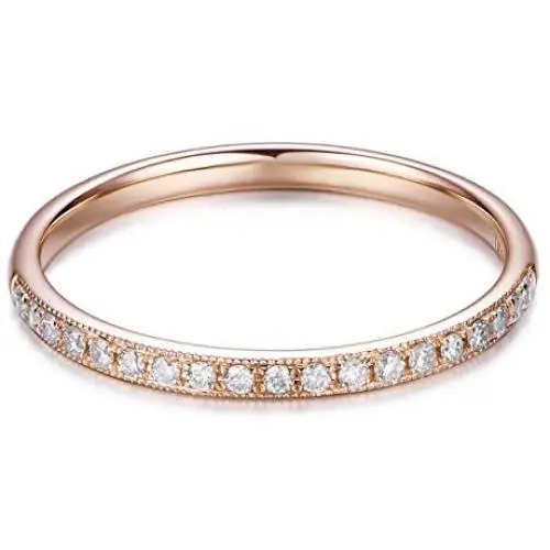 HAFEEZ CENTER 14K Solid Gold Petite Micropave Milgrain Eternity Ring Moissanite Wedding Band Ring for Women and Girls