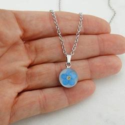 Real Forget Me Not Flower Pendant Necklace - Stainless Steel - Flower Preserved in Resin, 18'' Stainless Chain