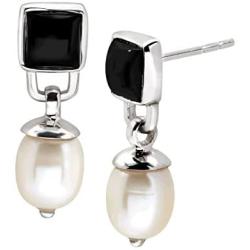 Silpada Black and White Natural Onyx and 8 mm Freshwater Cultured Pearl Drop Earrings in Rhodium over Silver