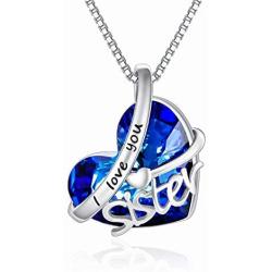 AOBOCO Sister Necklace Gifts 925 Sterling Silver I Love You Sister Heart Pendant Friendship Necklace for Sister Best Friend Classmates, Embellished with Crystals from Austria