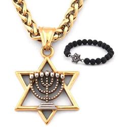 GUNGNEER Star of David Menorah Necklace Stainless Steel Charm Keel Chain Religious Jewish Jewelry for Men Women