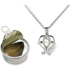 Pearlina Dolphins Necklace Cultured Pearl Oyster Set Silver-tone Plated Cage w/Stainless Steel Chain 18''