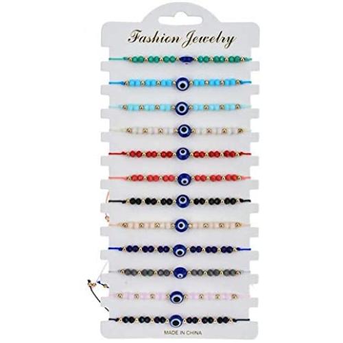 12Pcs Evil Eyes Beaded String Bracelets Handmade Lucky Adjustable Cord Strand Bracelet Turkish Blue Resin Evil Eye Rope Ankle Thread Jewelry for Protection Accessory for Men Women