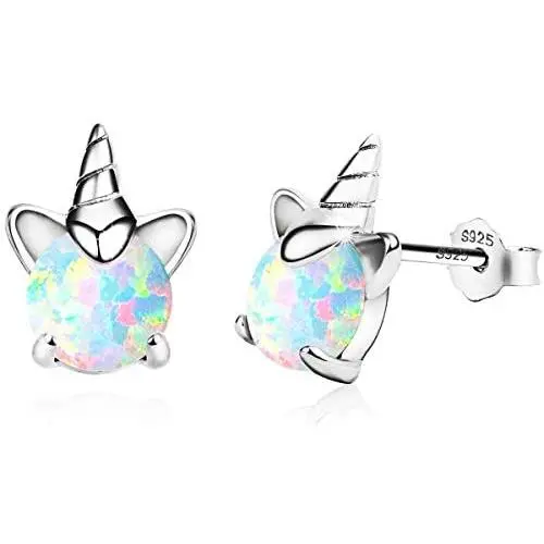 Gold Unicorn Earrings for Girls, Hypoallergenic S925 Sterling Silver Stud Earrings VIKOLY Fire Opal Earrings Little Tiny Cute Animal Earrings Jewelry Gifts for Kids Teens Women Sensitive Ears