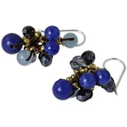 NOVICA Blue Quartz .925 Sterling Silver Glass Beaded Cluster Earrings Blue Cattlelaya