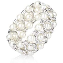 Pearl Stretch Bracelets , 3-Rows Simulated Pearls and Eye Shaped Knot Austrian Crystal Elastic Stretch Bangle for Wedding