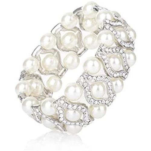 Pearl Stretch Bracelets , 3-Rows Simulated Pearls and Eye Shaped Knot Austrian Crystal Elastic Stretch Bangle for Wedding