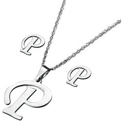 Chili Jewelry Women Girls A to Z Initial Necklace and Earrings Set Stainless Steel 26 Letters Capital Script Name Pendant Necklaces Jewelry Sets