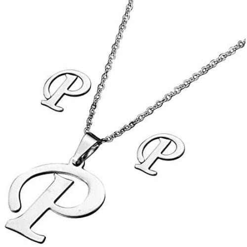 Chili Jewelry Women Girls A to Z Initial Necklace and Earrings Set Stainless Steel 26 Letters Capital Script Name Pendant Necklaces Jewelry Sets