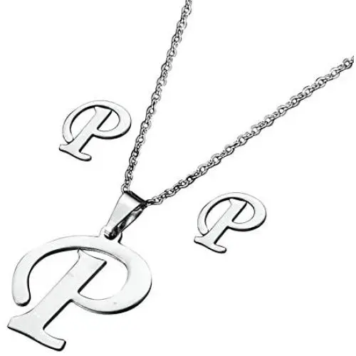 Chili Jewelry Women Girls A to Z Initial Necklace and Earrings Set Stainless Steel 26 Letters Capital Script Name Pendant Necklaces Jewelry Sets