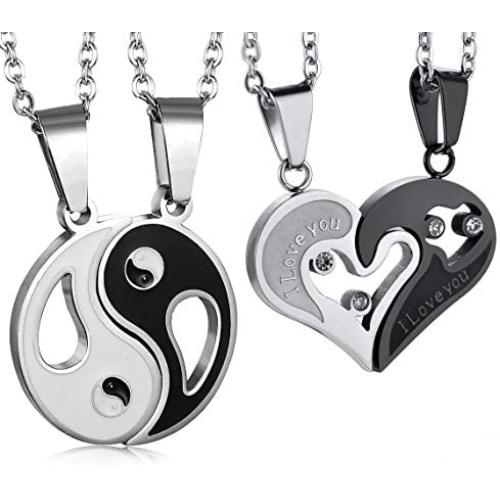 LOLIAS Stainless Steel Yin Yang Love Heart Pendant Couple Necklace for Men Women Puzzle Matching Valentine Gifts for Him&Her Jewelry Set