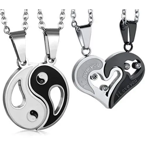 LOLIAS Stainless Steel Yin Yang Love Heart Pendant Couple Necklace for Men Women Puzzle Matching Valentine Gifts for Him&Her Jewelry Set